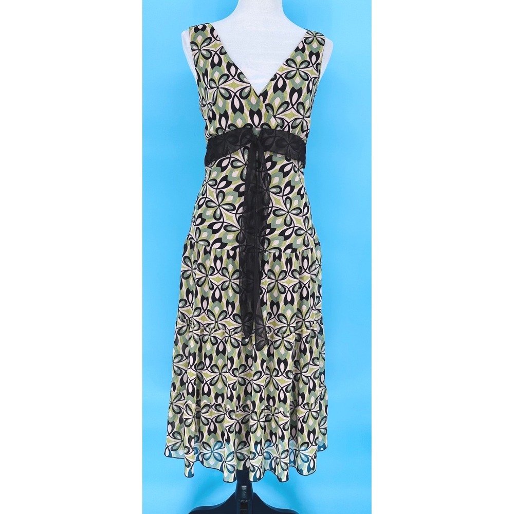 Connected Apparel Brown Green Floral Babydoll A-line Midi Dress Sz 10 Y2K Style